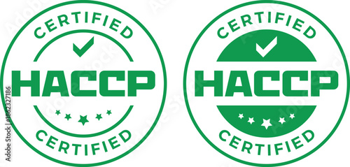 Set of two green 'CERTIFIED HACCP' food safety vector badges with checkmark and stars