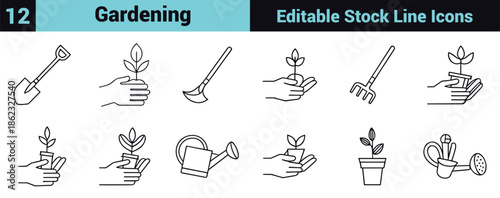 Black line icon set depicting gardening tools, plant care, sustainability, and growth in a minimal instructional style