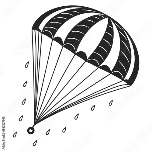 A striking black and white depiction of a descending parachute with raindrops showcasing a unique silhouette