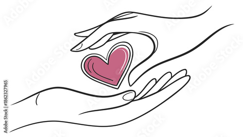 A gentle hand cradling a vibrant red heart in a minimalist line art style silhouette