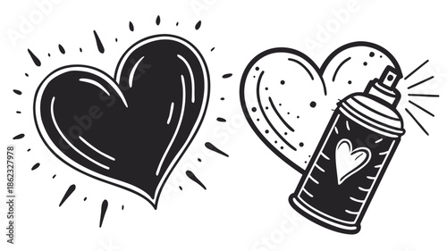 a striking black and white illustration of hearts and a spray can showcasing a bold artistic silhouette