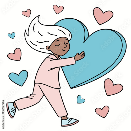 a joyful figure embraces a large blue heart amidst a flurry of pink and teal hearts silhouette