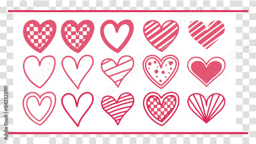 a collection of various pink hearts with different patterns arranged in rows a lovely silhouette