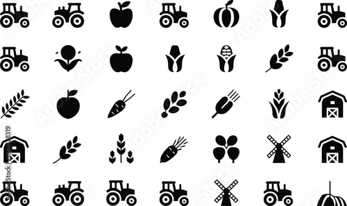 Black icons of farm vehicles and produce on white background