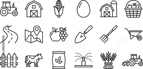 Agricultural farm icons and symbols for farming and gardening illustrations