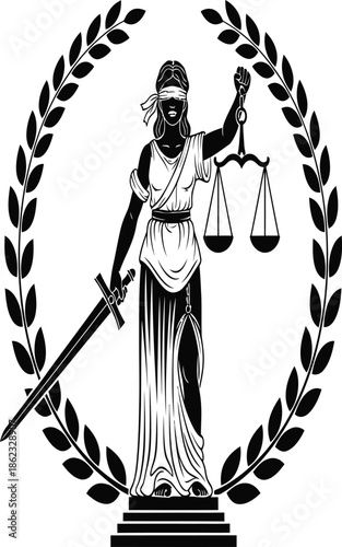 Lady justice with scales and sword framed by a laurel wreath silhouette