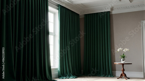 Luxury velvet curtains in old money interior, rich green drapes framing tall windows in classic room with crown molding, beige walls,antique table with white orchids, timeless elegance, sophistication