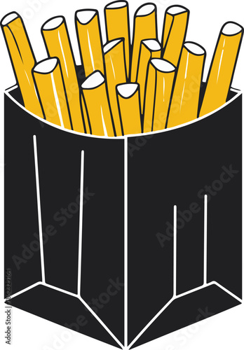 A box of French fries with visible sticks, simple front view, flat vector illustration, clean shape separation, limited colors, bold black outline, no gradient, no shadow, white background 1