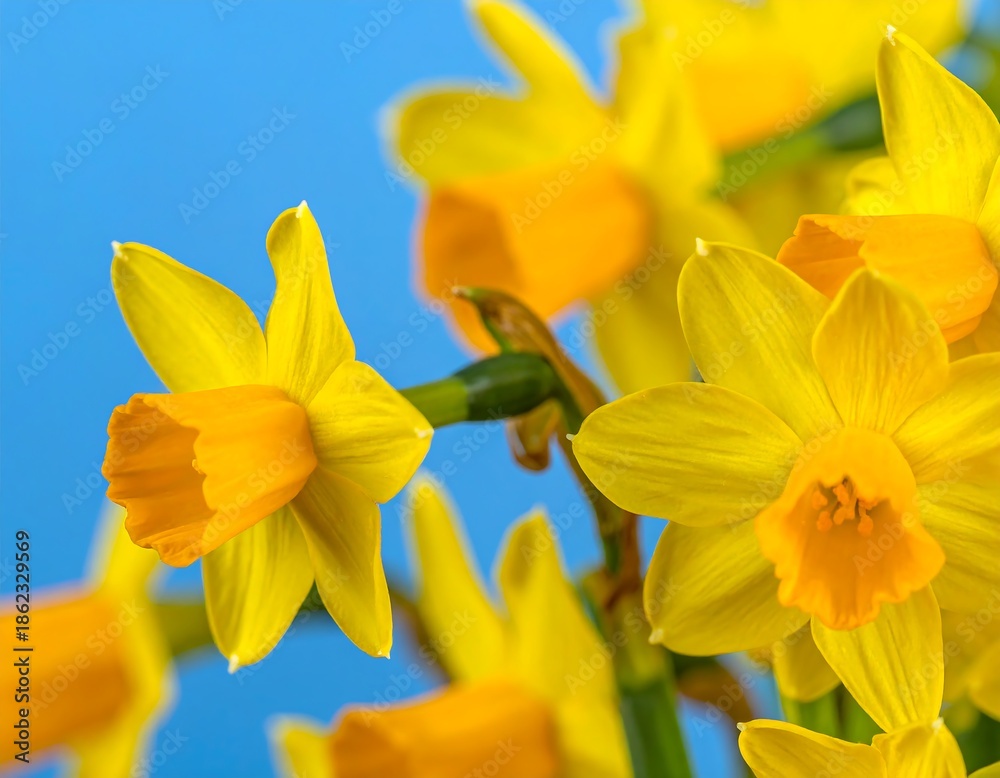 Obraz premium Close-up of bright yellow flowers with orange trumpet-shaped centers, vibrant against a soft blue backdrop. The flowers are clustered