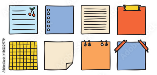 Sticky note paper squares for school planner, colorful doodle set, playful stationery, hand drawn