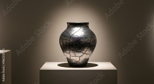 A silvery cracked vase is centered on a white pedestal against a dark background illuminated by a directed light source