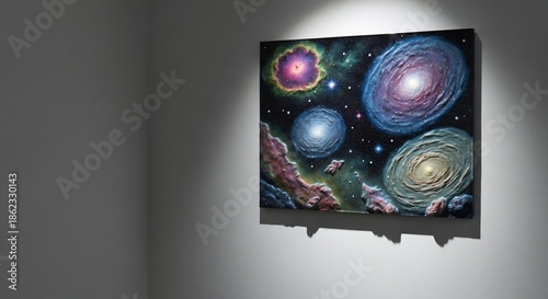 A spacethemed painting of galaxies and nebulae hangs on a wall illuminated by a spotlight