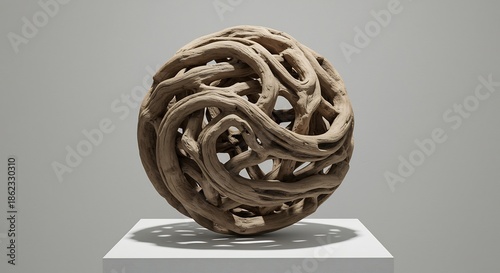 A spherical sculpture made of interconnected light brown wooden branches displayed on a white pedestal