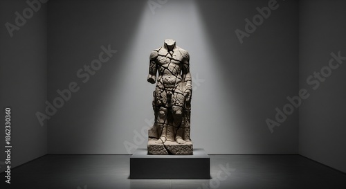 A spotlight illuminates a cracked headless statue on a square pedestal in a stark gray room