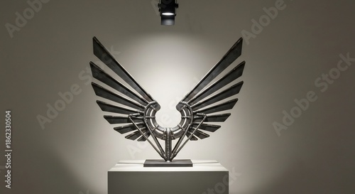 A steel sculpture resembling wings on a display pedestal illuminated by a spotlight
