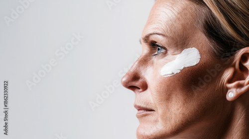 Adult woman applying cream on her face in a bright setting during daytime