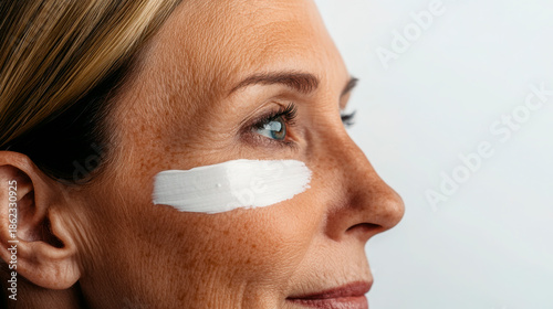 A woman stands facing sideways while she applies cream to her cheek.