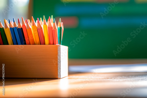 Colorful pencils are grouped in wooden and green holders on a table. The scene is set in a classroom 
