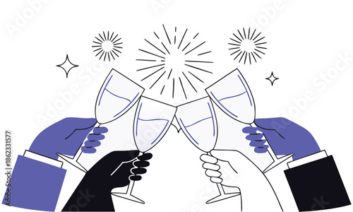 Diverse multiracial group hands clinking glasses toasting celebration. Diversity inculsion unity vector illustration. Cheers celebration line art.