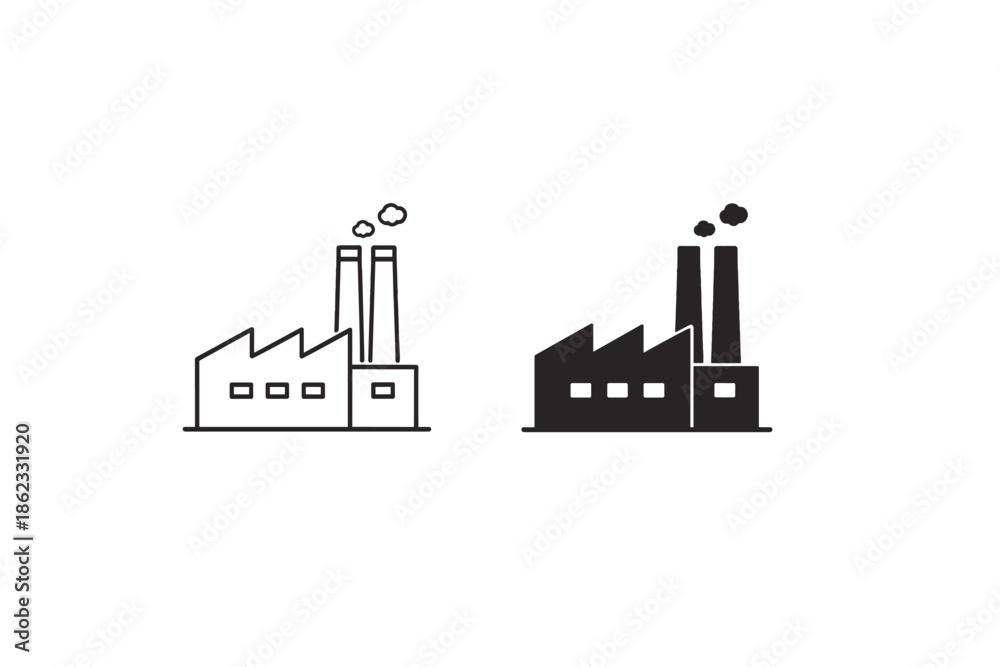 Obraz premium Simple factory icons with smoke coming from chimneys, one outline and one solid
