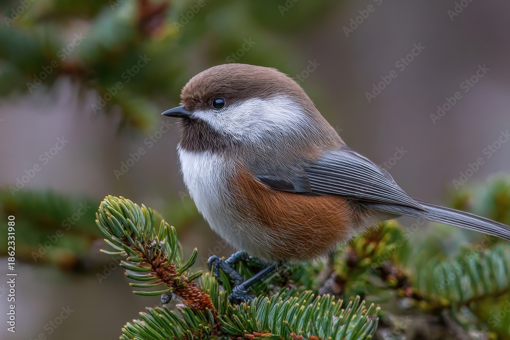 Obraz premium Boreal Chickadee: Charming Bird in Its Natural Habitat, Showcasing the Beauty of Passerine Wildlife