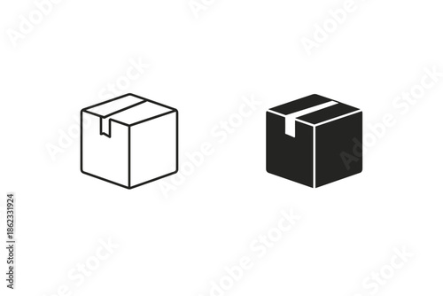 Two simple isometric cardboard box icons, one outlined and one solid black