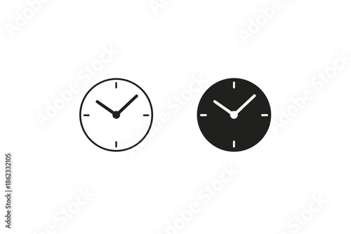 Two simple clock icons, one outlined and one filled, showing the same time