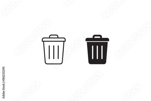Two trash can icons, one outline and one solid black, displayed side by side