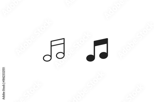 Two musical notes, one outlined and one solid black, on a white background