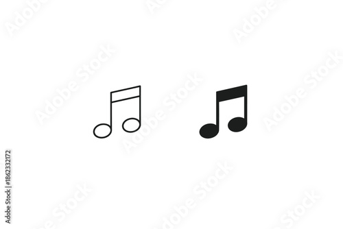 Two musical notes, one outlined and one solid black, on a white background