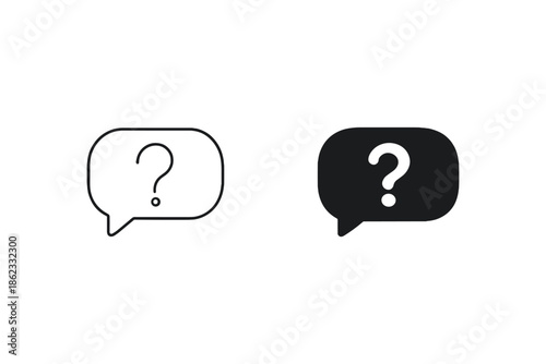 Two speech bubbles with question marks, one outlined and one solid black
