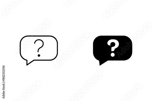 Two speech bubble icons, one outlined and one solid black, both with a question mark