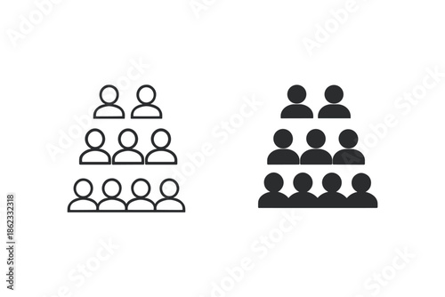 Two sets of simplified human icons arranged in pyramid shapes, one outlined and one solid