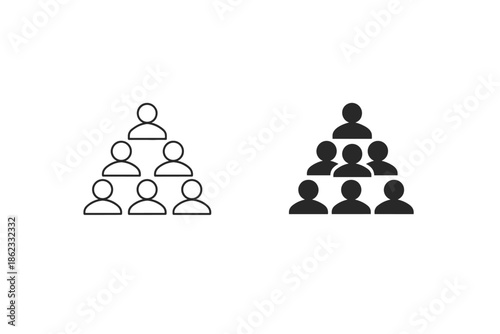 Organizational hierarchy and team structure icons in outline and solid fill styles