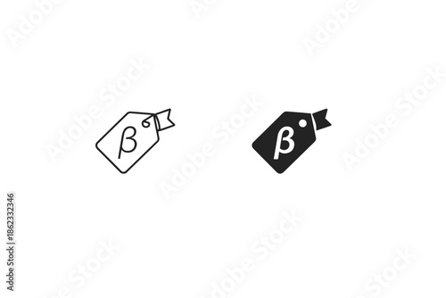 Beta symbol on price tag icons, representing early access or testing phases