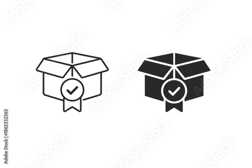 Open cardboard box with a quality check mark and ribbon icon
