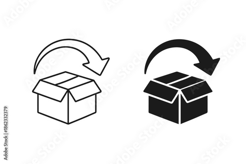 Return arrow icon above open cardboard box, line and solid fill versions