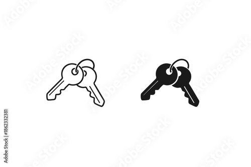 Two simple keys on a ring, one outlined and one solid black icon