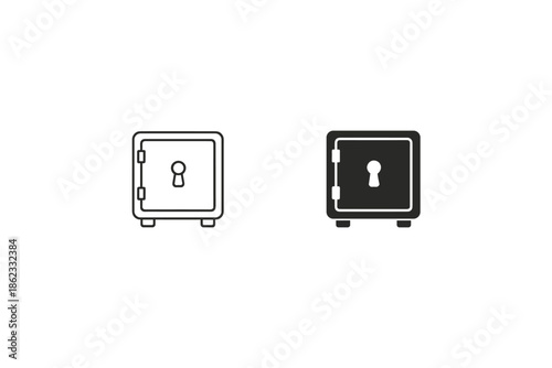 Simple line art and solid icon of a safe with a keyhole, representing security and protection