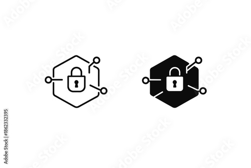 Digital security icon with a padlock inside a hexagon and network connections