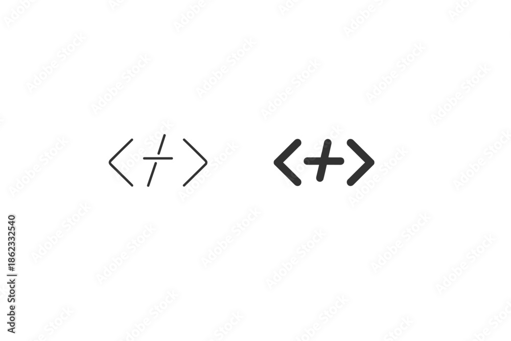 Fototapeta premium Two distinct code bracket icons, one thin and one bold, representing programming and web development