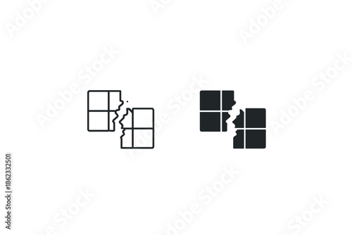 Two abstract icons representing broken pieces of a grid or puzzle, one outlined, one solid