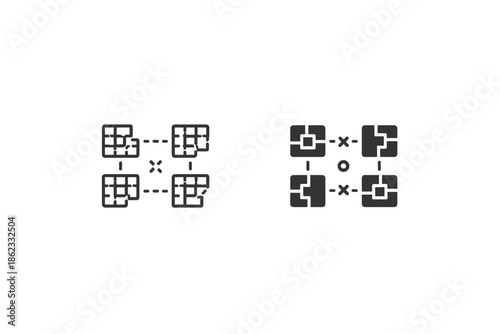 Two abstract icon sets representing data flow and network connections with nodes and links