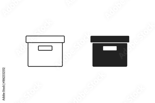 Two simple icons of archive boxes, one outlined and one solid black, on white background
