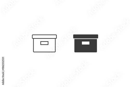 Simple line art and solid icon of a storage box with a label slot