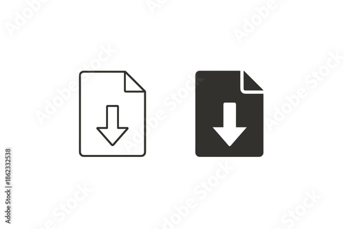 Download icon with arrow on document symbol, outline and solid fill versions