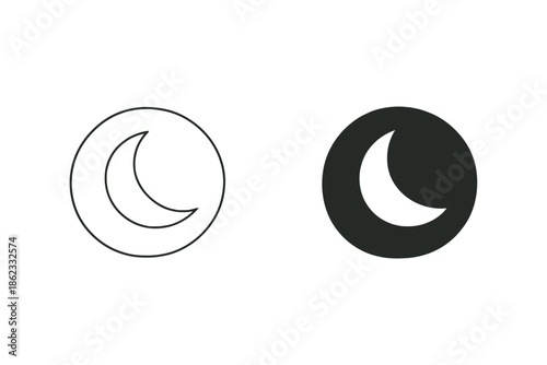Simple crescent moon icons in outline and solid fill, representing night or sleep