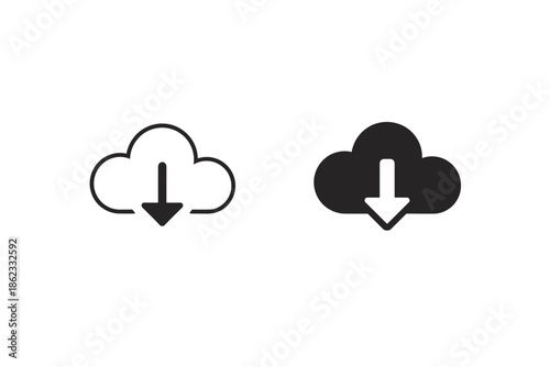 Cloud download icons, one outlined and one solid, representing data transfer and storage