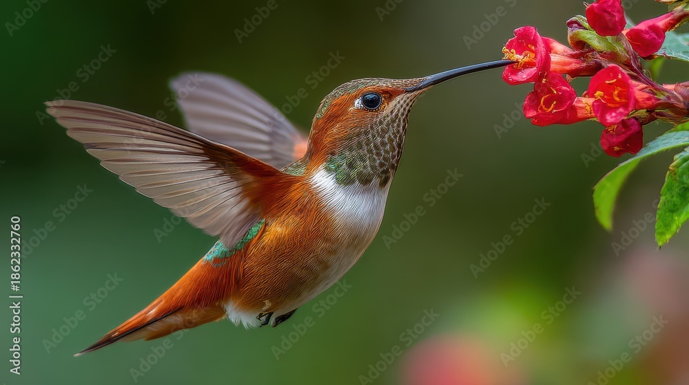 Naklejka premium Rufous Hummingbird's Elegant Tongue in Flight: Capturing Nature's Beauty Among Vibrant Flowers