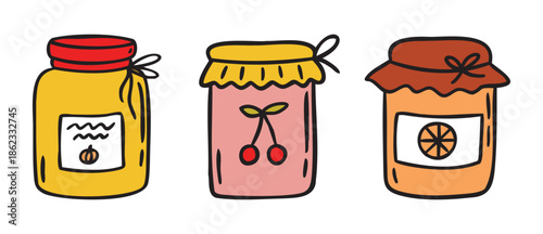 Cozy autumn doodle three jam jars orange cherry pumpkin rustic, hand drawn warm rustic style